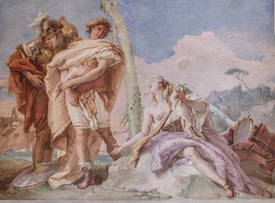 Palazzina (liten bygning): utsikt over det fjerde rommet eller Torquato Tasso, med freescoes som representerer episoder av "Jerusalem Delivered": "Rinaldo, eskortert av Ubaldo og Carlo, forlater Armida" av Giovanni Battista Tiepolo