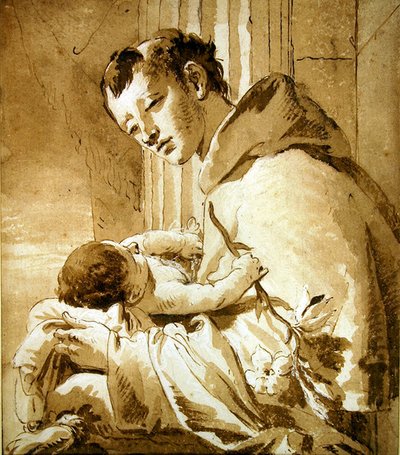 St. Anthony Holding the Christ Child (penn, brunt blekk og vask) av Giovanni Battista Tiepolo