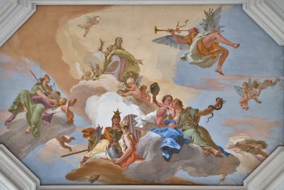 Triumph of Glory annonsert av Fame som står blant kardinaldydene av Giovanni Battista Tiepolo