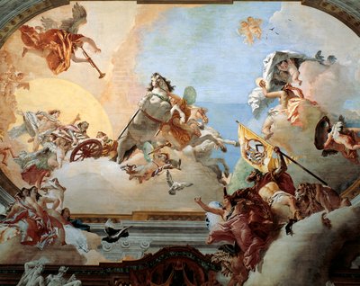 Allegori opprettet for ekteskapet til Lodovico Rezzonico og den adelige venetianeren Faustina Savorgnan i 1758, av Giambattista Tiepolo (1696-1770), freskomaleri, Ca 'Rezzonico Palazzo, Venezia, Italia av Giovanni Battista Tiepolo