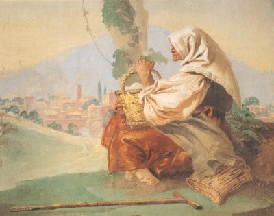 Landskap har bonden En gammel mann sitter, hodet dekket av en blodig mann som skjuler ansiktet av Giovanni Battista Tiepolo