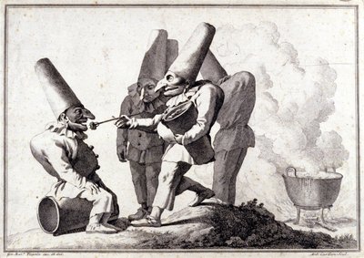 Gruppen av Pulcinella (italiensk Polichinelle). Tegning i penn og vask på blyantmerke av Giovanni Battista (Giambattista) Tiepolo (1696-1770). av Giovanni Battista Tiepolo