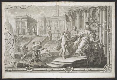 En kvinnelig figur som blir kronet, fra New Plan of Rome, brakt frem i lyset av G. Nolli av Giovanni Battista (after) Nolli