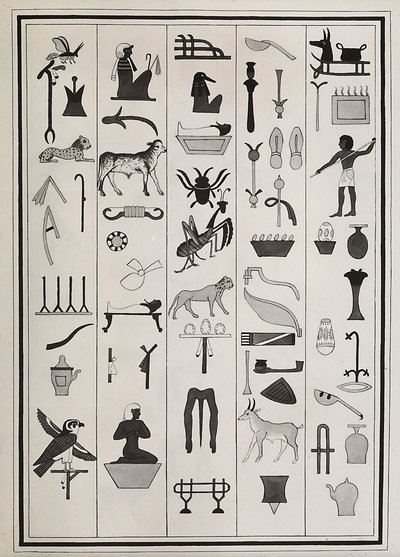 Tegninger av dekorasjonene fra innsiden av graven til farao Psammetic I, gjengitt i 1817 av Giovanni Battista Belzoni, plassert i British Museum, London av Giovanni Battista Belzoni