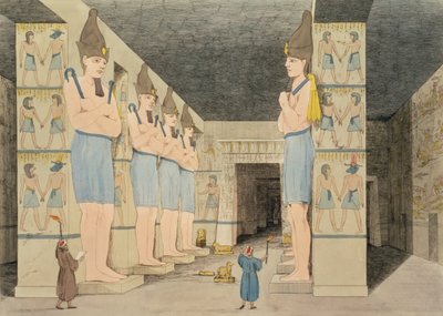 Utsikt over det indre av tempelet i Ybsombul, Nubia, oppdaget av Giovanni Belzoni, gravert av Augustine Aglio (1777-1857) plate 48 fra `Plates Illustrative of the Researches in Egypt and Nubia, av Giovanni Battista Belzoni