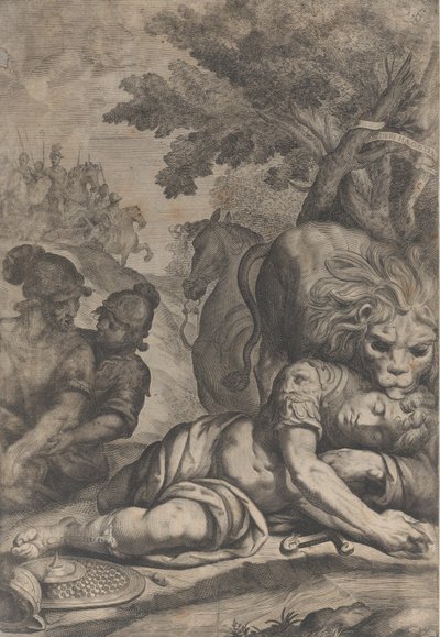 En løve på toppen av en fallen rytter til høyre, med to andre soldater til venstre, 1640-70. av Giovanni Battista Bonacina