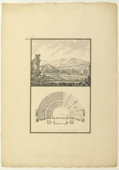 Utsikt og plan for Theatre of Hierapolis (nå Pamukkale), ca. 1750 (penn og blekk og vask på papir) av Giovanni Battista Borra