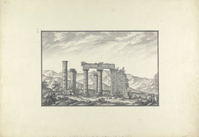 Utsikt over ruinene av et jonisk tempel på Sardis, sannsynligvis Neptun-tempelet, ca. 1750 (grå vask, penn og blekk og blyant på papir) av Giovanni Battista Borra