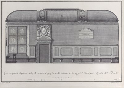 Plate 4: tverrsnitt av Hall of Institute of Bologna, med inngangen til r..., 1756. av Giovanni Battista Brostoloni