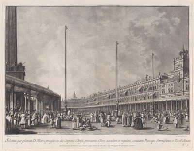 Plate 9: Prosesjon på Corpus Christi-dagen på Piazza San Marco, fra 'Ducal Ceremon..., ca. 1766. av Giovanni Battista Brostoloni