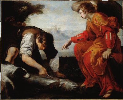 Tobie Meets the Archangel Raphael (Tobias Meets the Archangel Raphael) Maleri av Giovanni Battista Carlone (1592-1677) Genes fra 1600-tallet, Musei di Strada Nuova (ex Palazzo Bianco) av Giovanni Battista Carlone