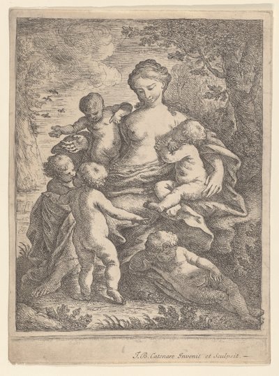 Veldedighet, sittende i et landskap omgitt av fem nakne barn, 1692-1727. av Giovanni Battista Catenaro