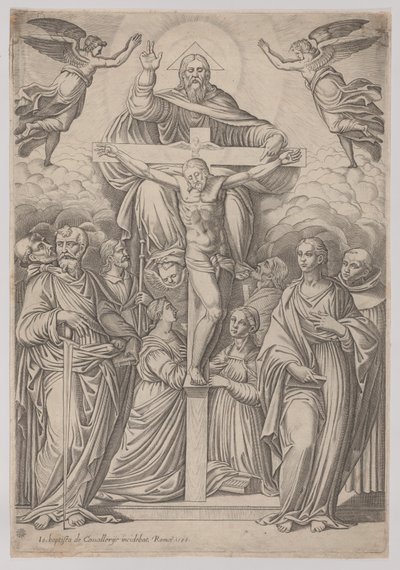Treenigheten, med korsfestelsen i sentrum og helgener til begge sider, 1586. av Giovanni Battista Cavalieri