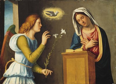 Annunciation to the Virgin, 150005 (maling på trepanel) av Giovanni Battista Cima da Conegliano