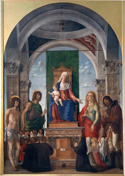 Madonna og barn på tronen med St. Sebastian, St. Johannes døperen, St. Mary Magdalena, St. Roch og medlemmer av brorskapet til San Giovanni Evangelista av Giovanni Battista Cima da Conegliano