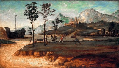 "Kystlandskap med to menn som kjemper" (Kystlandskap med to menn som kjemper) Maleri av Giovanni Battista Cima da Conegliano (cirka 1459-1517), ca 1510 - Olje på tre, 32x53 - Staatliche Museen, Berlin av Giovanni Battista Cima da Conegliano