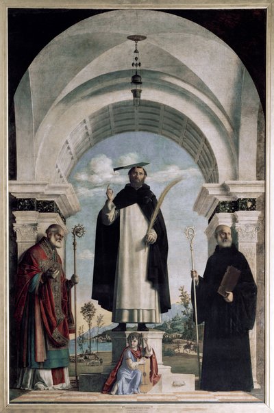 St. Peter av Verona med St. Nicholas og St. Benedict med engel (olje på panel av Giovanni Battista Cima da Conegliano