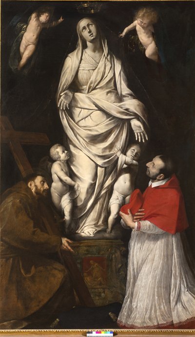 Saint Francis og salige Charles Borromeo i bønn foran statuen av Vår Frue ved San Celso i Milano, ca. 1610 av Giovanni Battista Crespi