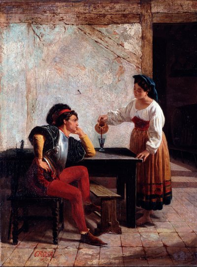 Ung tjener i et vertshus og en soldat Maleri av Giovanni Battista Crosa (aktiv mellom 1859 og 1882) 1865 Dim 98x64 cm Genes, Galleria d