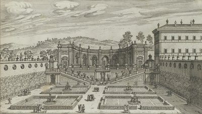 En annen perspektivvisning av Teatro et Giardino Contigvo i Mondragone i Fras ..., 1691 eller senere. av Giovanni Battista Falda