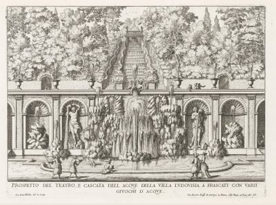 Cascade en Teatro delle Acque in the gardenen fra Villa Torlonia te Frascati Prospekt for teater- og vannkaskaden til Villa Ludovisia (...) (tittel på objekt) Fontenene til Frascati-villaene (serietittel) Fonteinen van Frascati (serietittel) av Giovanni Battista Falda