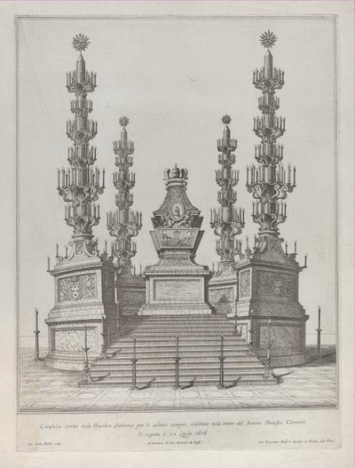 Katafalke for pave Clement X: en sentral struktur hevet på en 15-trinns plattform, med c..., 1676. av Giovanni Battista Falda