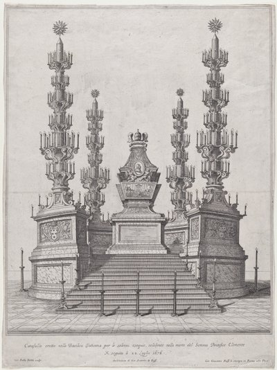 Catafalque for Pope Clement X, central structure at the top of a fifteen step platform, wi..., 1676.    1174337   no       norwegian Successfully Translated  Original: Frugtkransen Translat: Frugtkransen 1268663 no norwegian Successfully Translated Origina av Giovanni Battista Falda