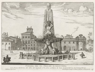 Tritonfontenen på Piazza Barberini i Roma Fontenen til Mr. Prencipe di Pallestrina (tittel på objekt) Fontenene i Roma (serietittel) Fonteinen van Rome (serietittel) av Giovanni Battista Falda
