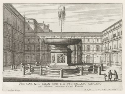 Fontein i de Cortile del Belvedere i Vatikanet Fontene i den store gårdsplassen til Vatikanpalasset (tittel på objekt) Fontenene i Roma (serietittel) Fonteinen van Rome (serietittel) av Giovanni Battista Falda