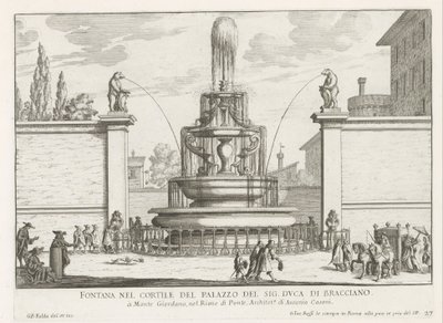 Fontein in the binnenplaats av Palazzo Taverna te Roma Fontene på gårdsplassen til Mr. hertug av Bracciano (tittel på objekt) Fontenene i Roma (serietittel) Fonteinen van Rome (serietittel) av Giovanni Battista Falda