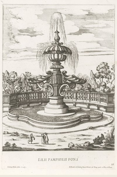 Fontene i hagen til Villa Doria Pamphilj i Roma Lilii Pamphylii fons (tittel på objekt) Le fontane ne palazzi e ne giardini di Roma (serietittel) Fontener i palassene og hagene i Roma (serietittel) av Giovanni Battista Falda