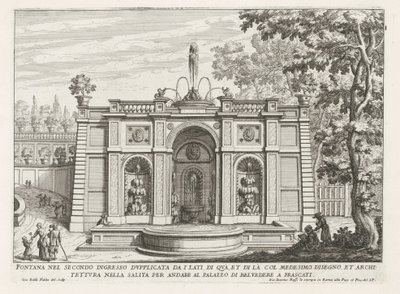 Fontein in de tuinen van de Villa Aldobrandini te Frascati Fontene i andre inngang doblet fra sidene (...) (tittel på objekt) Fontenene til Frascati-villaene (serietittel) Fonteinen van Frascati (serietittel) av Giovanni Battista Falda