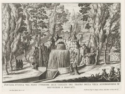 Fontein in de tuinen van de Villa Aldobrandini te Frascati Rustikk fontene i øverste etasje ved teatrets foss (...) (tittel på objekt) Fontenene til Frascati-villaene (serietittel) Fonteinen van Frascati (serietittel) av Giovanni Battista Falda
