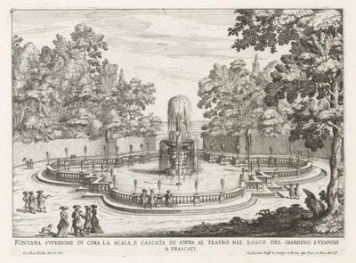 Fontein in de tuinen av Villa Torlonia te Frascati Øvre fontene på toppen av trappen og fossen over teateret (...) (tittel på objekt) Fontenene til Frascati-villaene (serietittel) Fonteinen van Frascati (serietittel) av Giovanni Battista Falda