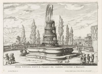Fontein in de tuinen av Villa Torlonia te Frascati Første fontene foran Palazzo del Giardino Ludovisi i Frascati (tittel på objekt) Fontenene til Frascati-villaene (serietittel) Fonteinen van Frascati (serietittel) av Giovanni Battista Falda
