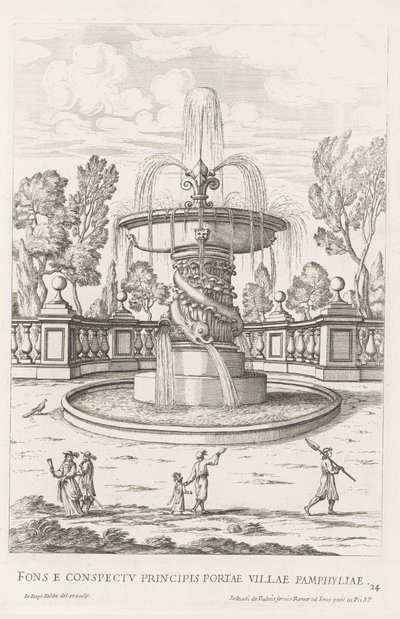 Fontein møtte dolfijnen i de tuinen av Villa Doria Pamphilj te Roma Fontenen foran prinsens port til byen Pamfylia (tittel på objekt) Le fontane ne palazzi e ne giardini di Roma (serietittel) Fonteinen in de paleizen en tuinen van Rome (serietittel av Giovanni Battista Falda