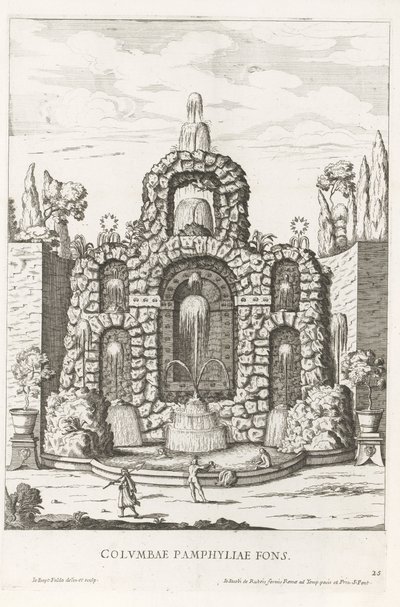 Fontene med duer i hagen til Villa Doria Pamphilj i Roma Columbae Pamphyliae fons (tittel på objekt) Le fontane ne palazzi e ne giardini di Roma (serietittel) Fontener i palassene og hagene i Roma (serietittel) av Giovanni Battista Falda