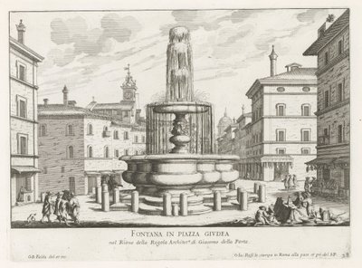 Fontein op Piazza Giudia te Roma Fountain in Piazza Giudea (tittel på objekt) Fountains of Rome (serietittel) Fonteinen van Rome (serietittel) av Giovanni Battista Falda
