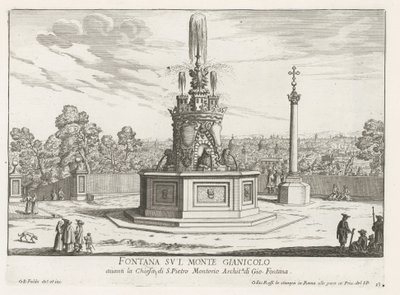 Fontein op Piazza San Pietro i Montorio op de Janiculumberg te Roma Fontene på Mount Gianicolo (tittel på objekt) Fontenene i Roma (serietittel) Fonteinen van Rome (serietittel) av Giovanni Battista Falda
