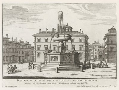 Fontein på Piazza Santa Maria i Trastevere Fontene på torget til basilikaen S. Maria in Trastevere (tittel på objekt) Fontenene i Roma (serietittel) Fonteinen van Rome (serietittel) av Giovanni Battista Falda
