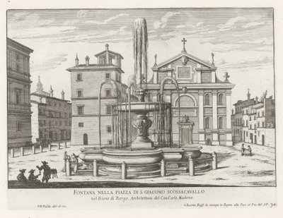 Fontein på Piazza Scossacavalli te Roma Fontene på Piazza di S. Giacomo Scossacavallo (tittel på objekt) Fontenene i Roma (serietittel) Fonteinen van Rome (serietittel) av Giovanni Battista Falda