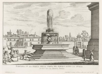 Fontein på Piazza del Popolo te Roma Fontene på Piazza della Porta del Popolo under spiret (tittel på objekt) Fontenene i Roma (serietittel) Fonteinen van Rome (serietittel) av Giovanni Battista Falda