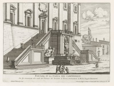 Fontene foran Palazzo Senatorio på Capitol i Roma Fontana su la Piazza del Campidoglio (tittel på objekt) Fontane di Roma (serietittel) Fountains of Rome (serietittel) av Giovanni Battista Falda