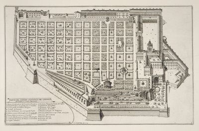 Pavelig hage og palass i Quirinale, fra Il Nuovo Teatro della Fabriche et Buildings in Perspective of Modern Roma, utgitt ca. 1665-69 (se også 172928) av Giovanni Battista Falda