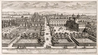 Perspektiv av hagene til Villa Medici i Roma, gravering fra Li Giardni (The Gardens) av Giovanni Battista Falda (1640 eller 1643-1678) av Giovanni Battista Falda