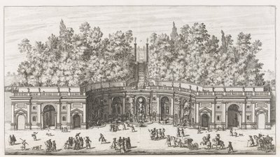 Theatre of the Waters i de tuinen av Villa Aldobrandini te Frascati Utsikt og høyde over det store vannteateret i Villa Aldobrandina (...) (tittel på objekt) Fontenene til Frascati-villaene (serietittel) Fonteinen van Frascati (serietittel) av Giovanni Battista Falda