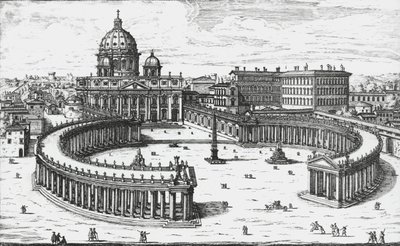 Vatikanstaten, utsikt over Piazza San Pietro med Peterskirken og Vatikanpalassene, gravering av Giovanni Battista Falda. 1665 av Giovanni Battista Falda