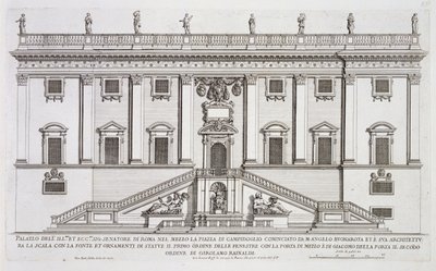 Utsikt over fasaden til Palazzo Senatorio på Piazza del Campidoglio, Roma, startet av Michelangelo Buonarroti (1475-1564) og fullført av Girolamo Rainaldi (1570-1655) av Giovanni Battista Falda
