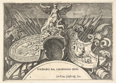 Plate 1: trofeer av romerske våpen fra dekorasjoner over vinduene i andre etasje ..., 1656-58. av Giovanni Battista Galestruzzi