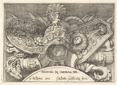 Plate 3: trofeer av romerske våpen fra dekorasjoner over vinduene i andre etasje i ..., 1656. av Giovanni Battista Galestruzzi